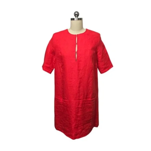 Emerson Fry Dress Womens Medium Red Linen Shift Short Sleeve Keyhole Made in USA